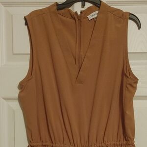Calvin Klein Tan Wide Leg Jumpsuit with Mandarin Collar and pockets